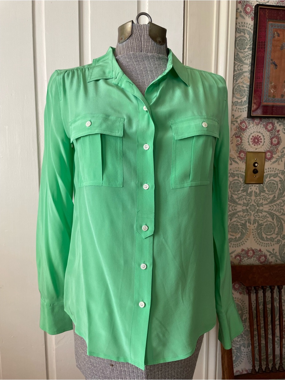 J CREW 2013 Spring Green Long Sleeve Button Down Silk Shirt
